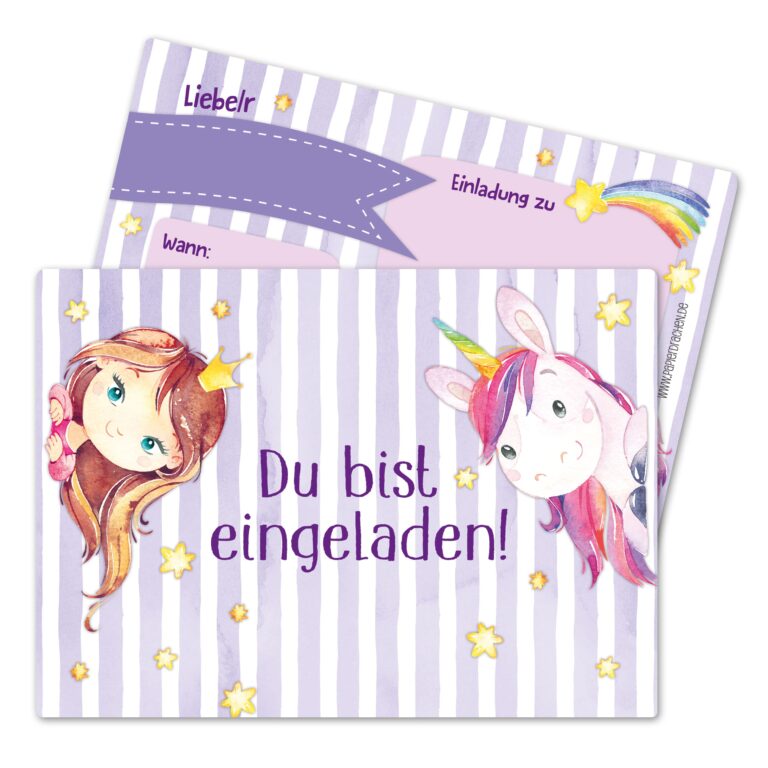 12 Einladungskarten zum Geburtstag – Fee und Einhorn