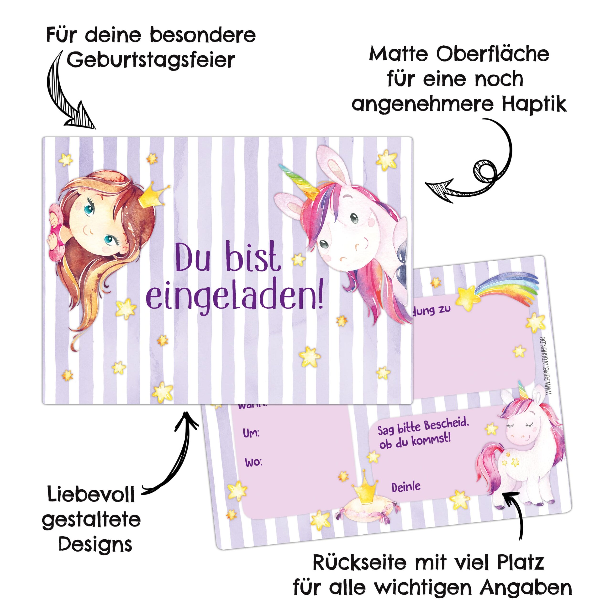 12 Einladungskarten zum Geburtstag – Fee und Einhorn