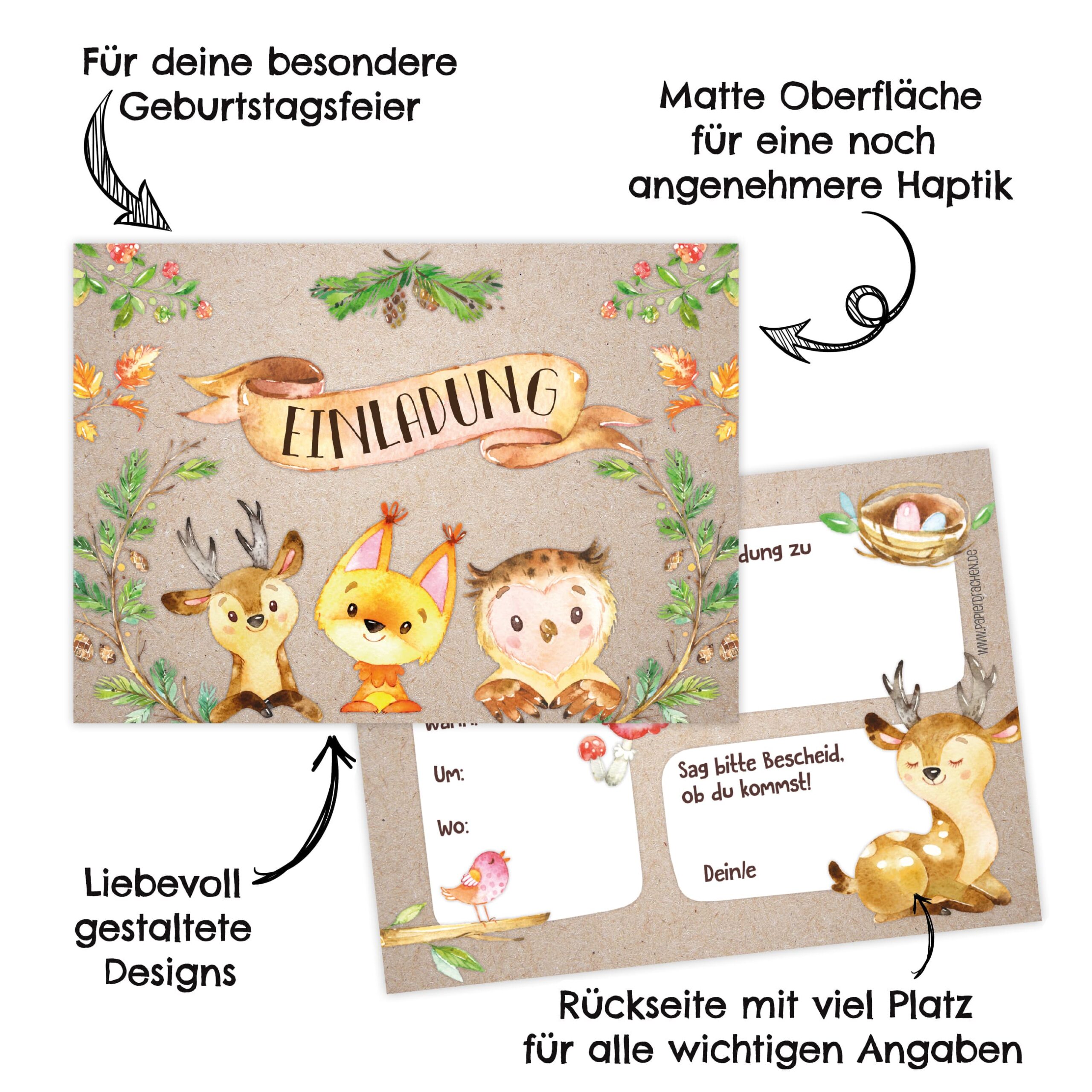 12 Einladungskarten zum Geburtstag – Waldtiere