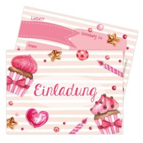 12 Einladungskarten zum Geburtstag – Törtchen rosa