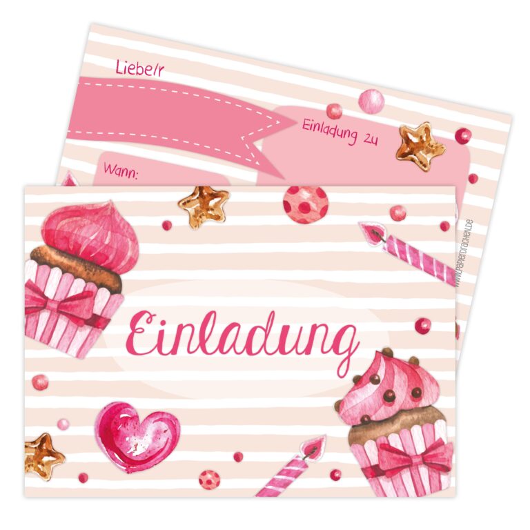 12 Einladungskarten zum Geburtstag – Törtchen rosa