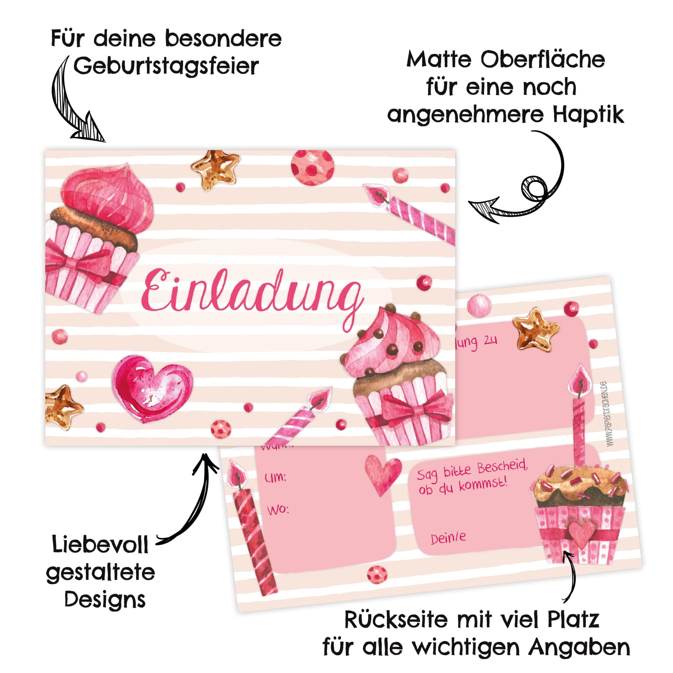 12 Einladungskarten zum Geburtstag – Törtchen rosa