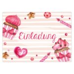 12 Einladungskarten zum Geburtstag – Törtchen rosa