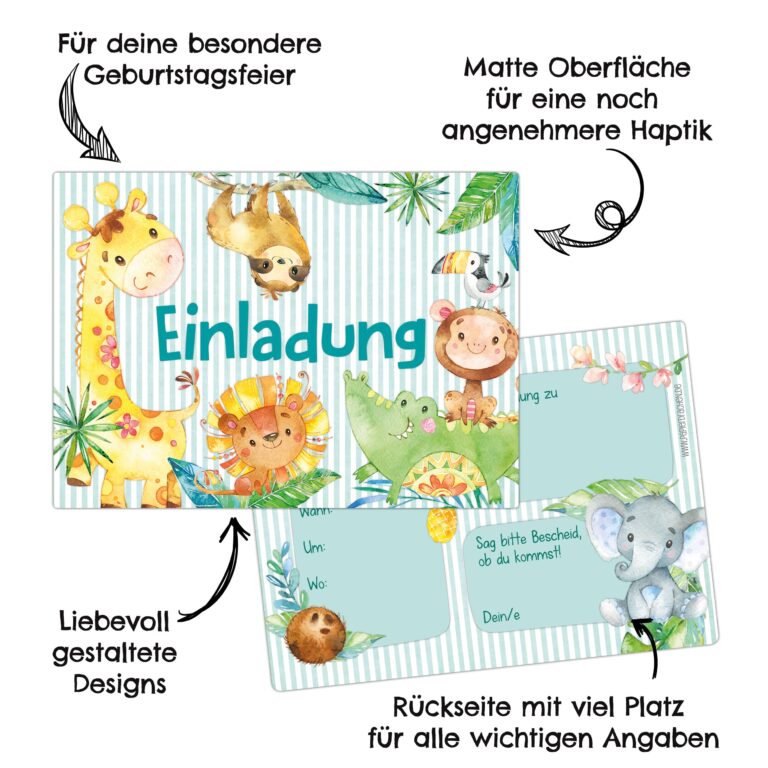 12 Einladungskarten zum Geburtstag – Afrika Tiere