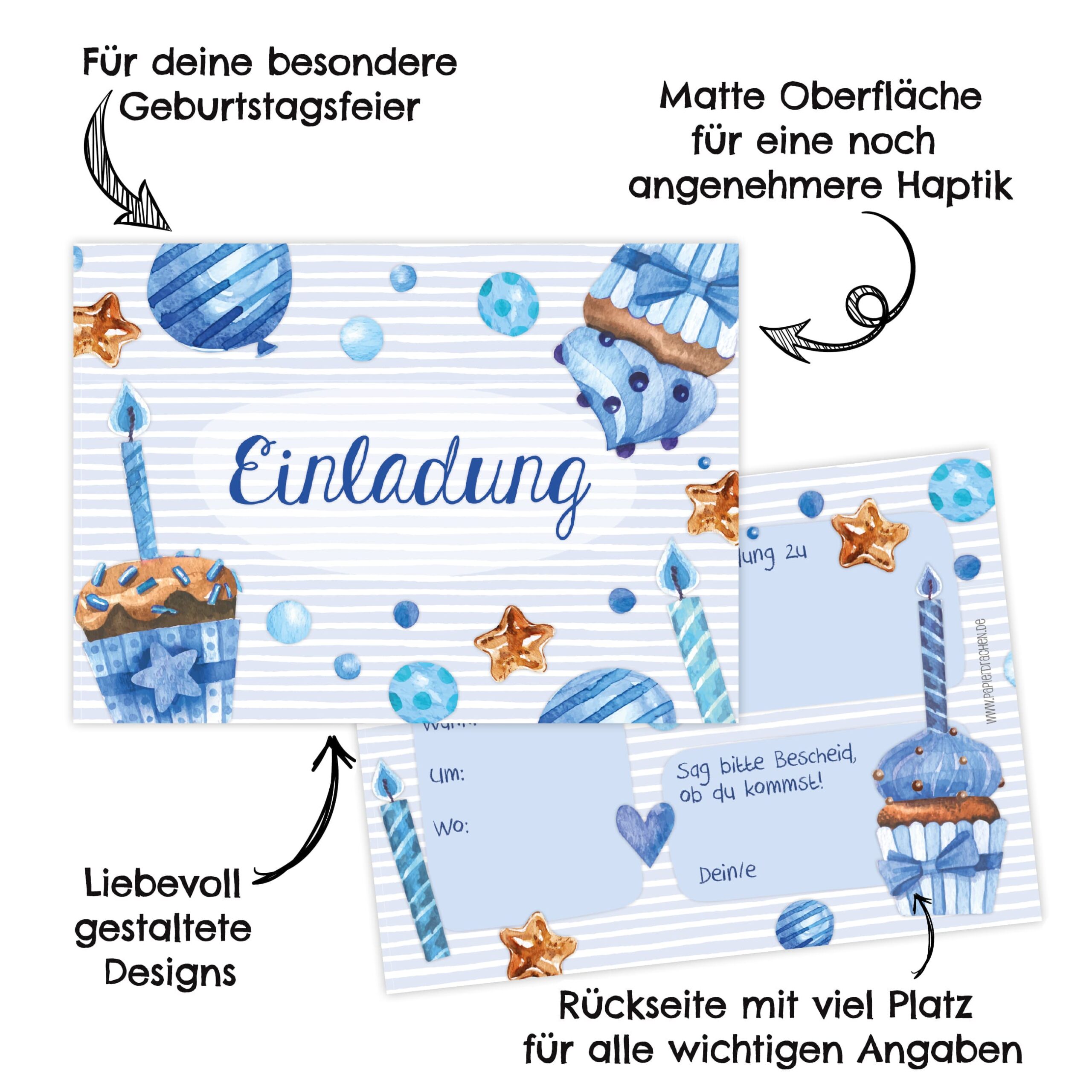 12 Einladungskarten zum Geburtstag – Törtchen blau