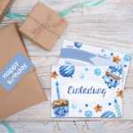 12 Einladungskarten zum Geburtstag – Törtchen blau