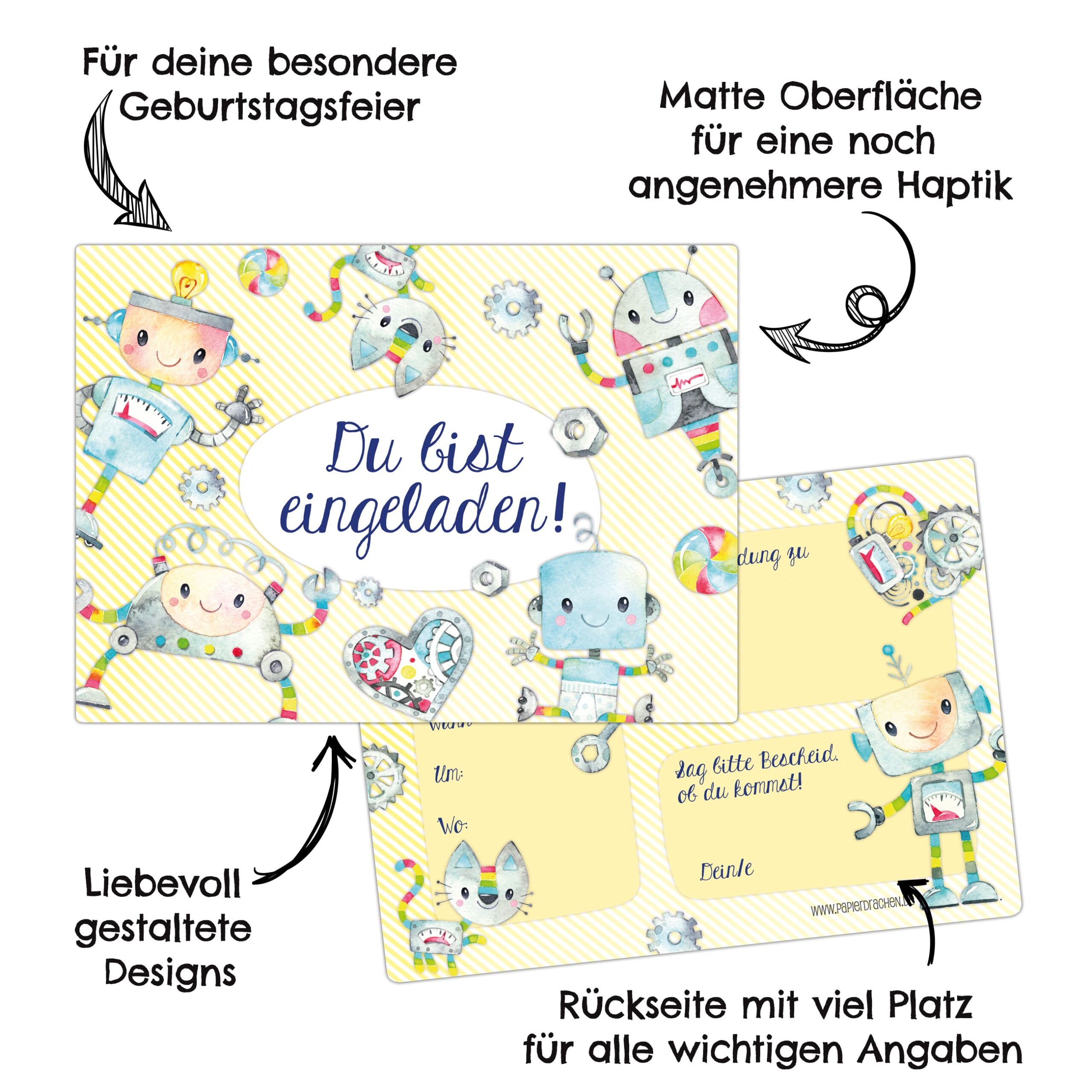 12 Einladungskarten zum Geburtstag - Roboter