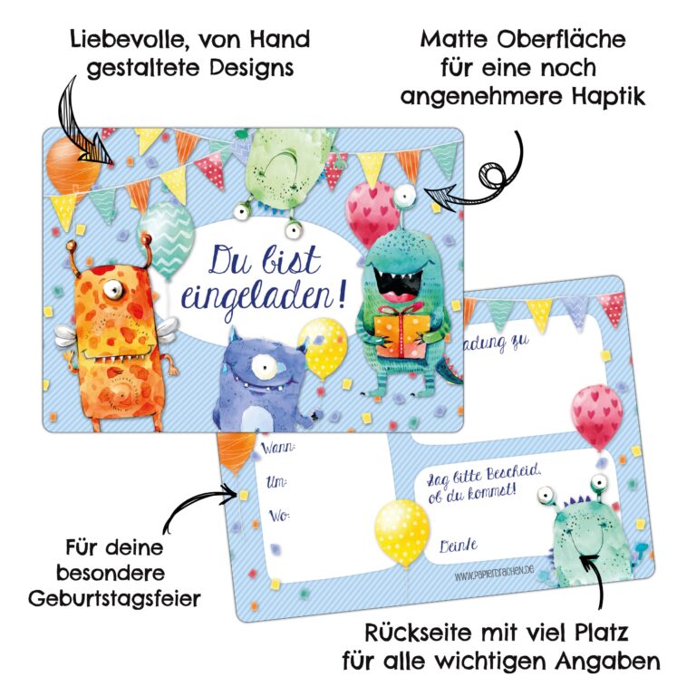 12 Einladungskarten zum Geburtstag – Monster