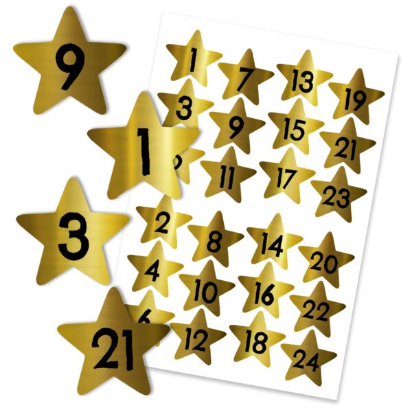 24 Adventskalender Zahlenaufkleber &ndash; Sterne auf Goldfolie Nr54