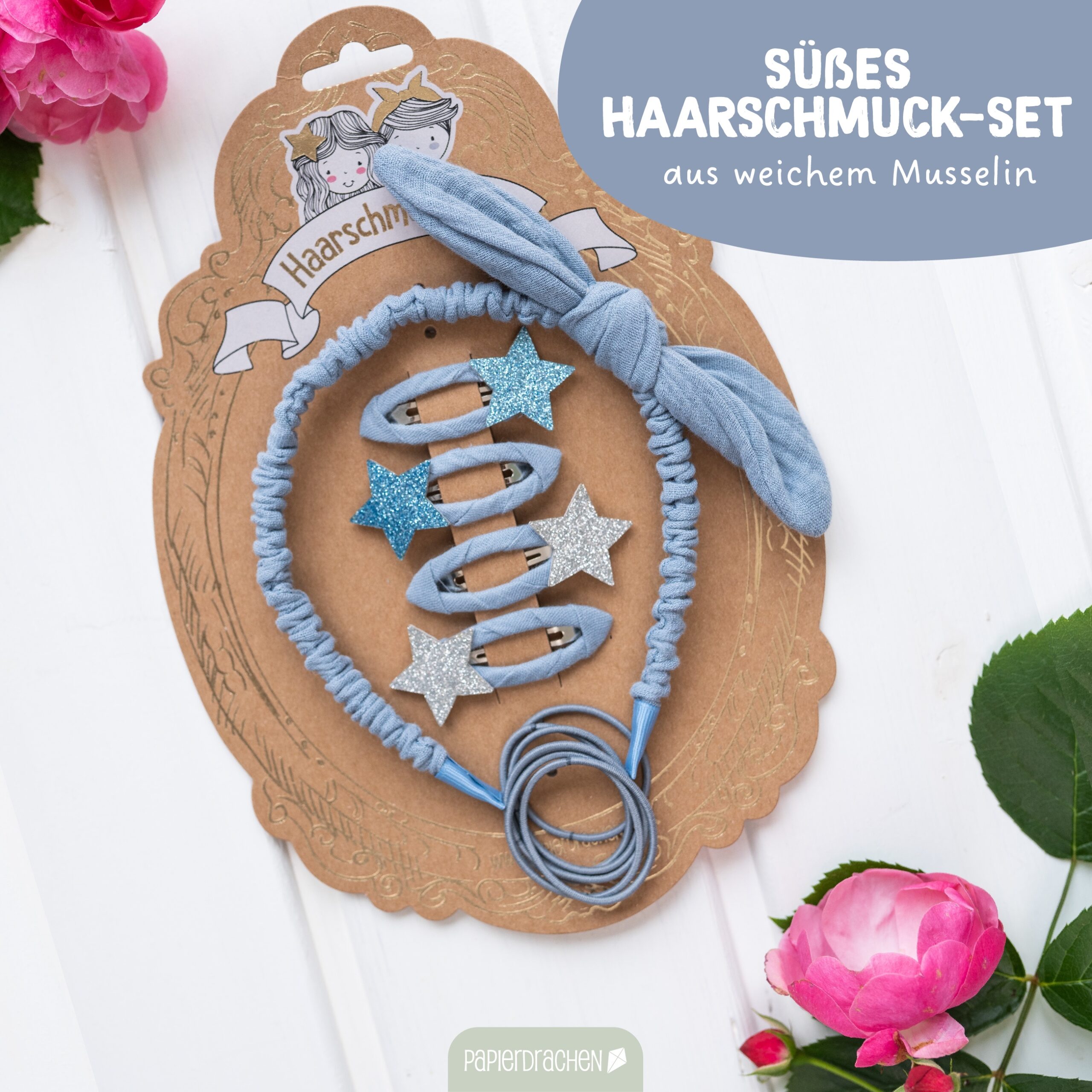 Musselin Haar-Accessoires Set – Hellblau