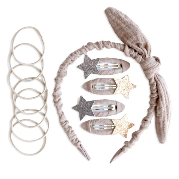 Musselin Haar-Accessoires Set – Taupe