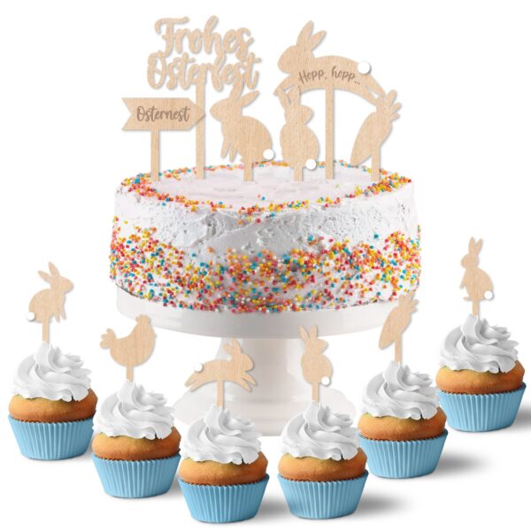 Kuchenstecker aus Holz mit Pompons Set 01