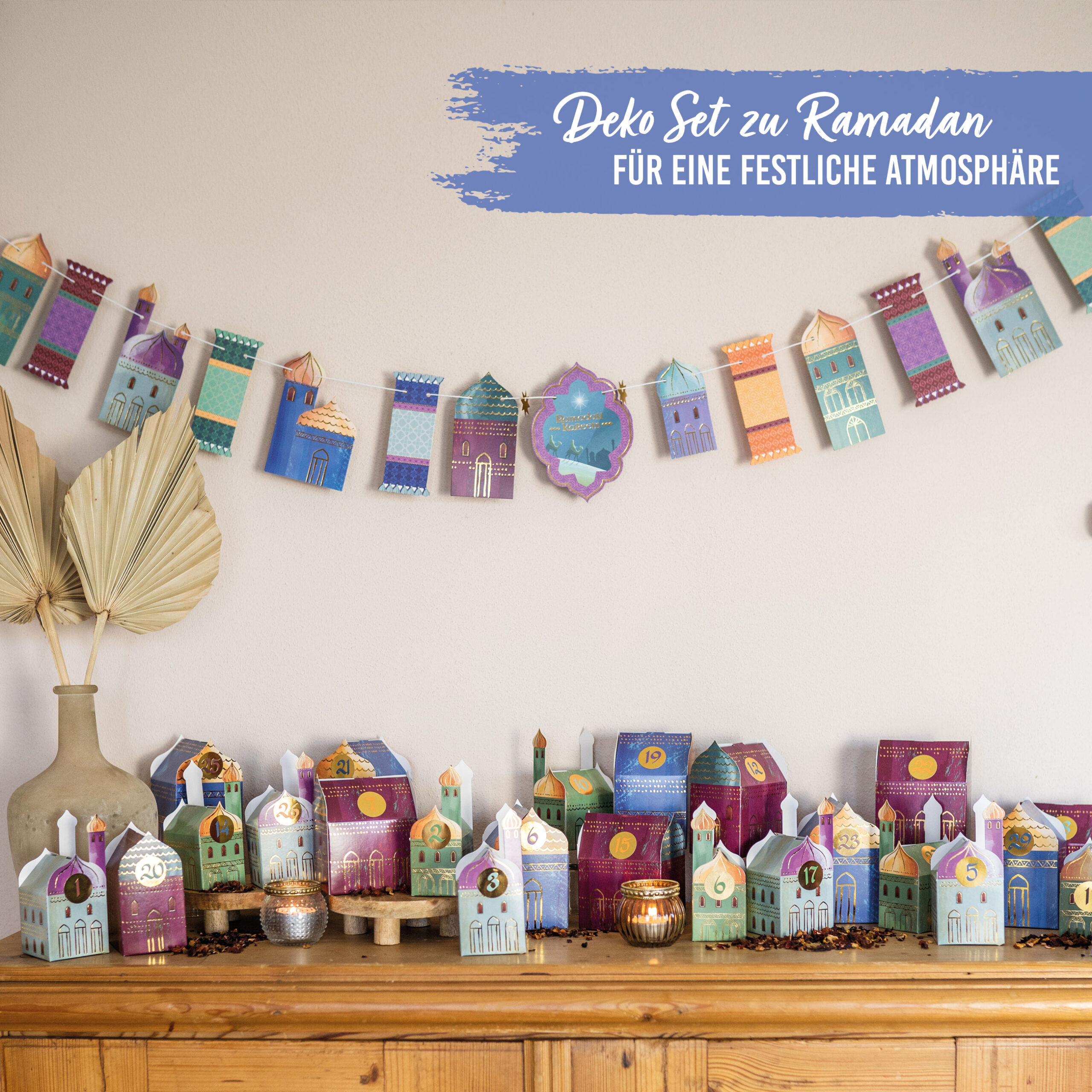 Girlande Ramadan – Farbenfrohe Motive mit Goldfolierung