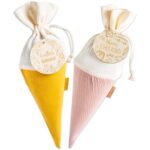 Schultüte Musselin Rosa Gelb mit Holzanhänger Pastell - Set 01