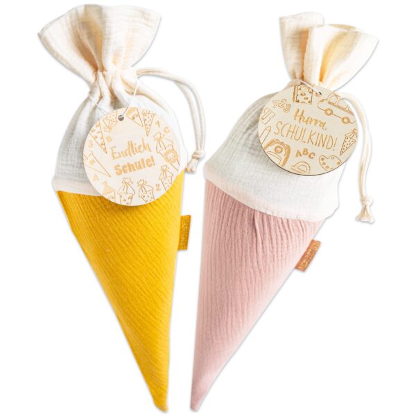 Schult&uuml;te Musselin Rosa Gelb mit Holzanh&auml;nger Pastell - Set 01