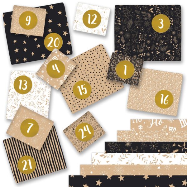 Adventskalender Geschenkpapier &ndash; Packpapier sw + Aufkleber &ndash; Set 6