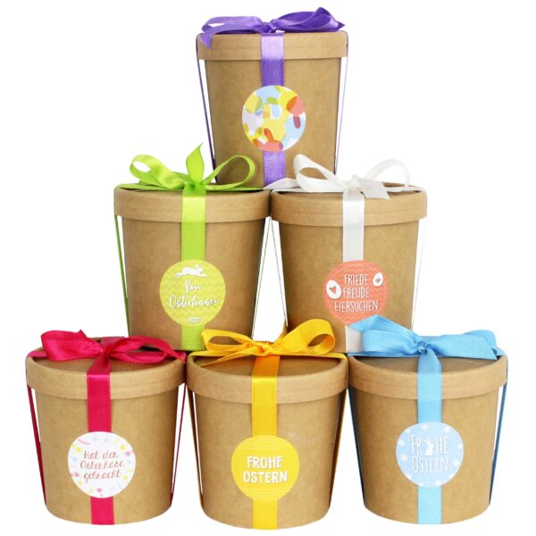 Osterbecher - mit Deckel, Band und Aufklebern - Set 2 Kräftig - buntes Band