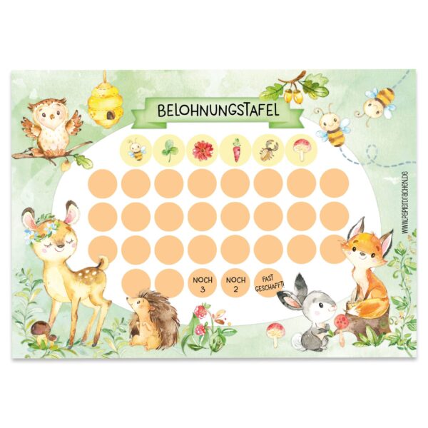 Belohnungstafel für Kinder 10 Blatt – mit tollen Stickern für Jungs und Mädchen – Motiv Waldtiere