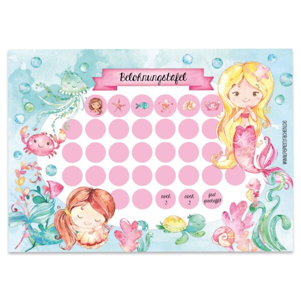 Belohnungstafel für Kinder 10 Blatt – mit tollen Stickern für Jungs und Mädchen – Motiv Meerjungfrau