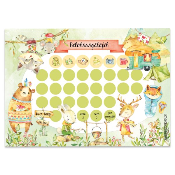 Belohnungstafel für Kinder 10 Blatt – mit tollen Stickern für Jungs und Mädchen – Motiv Camping