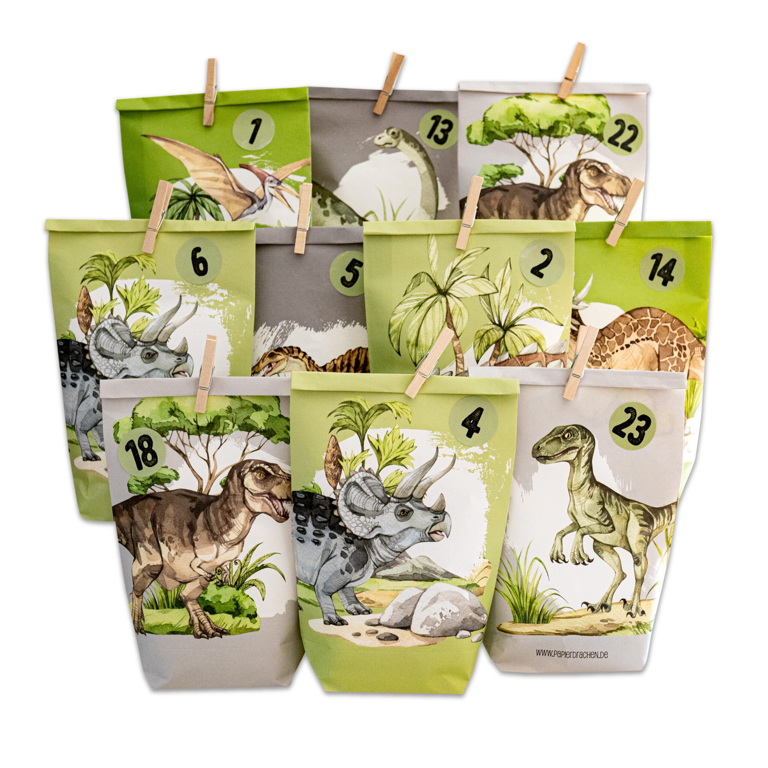 Adventskalender mit bedruckten Tüten – Dino