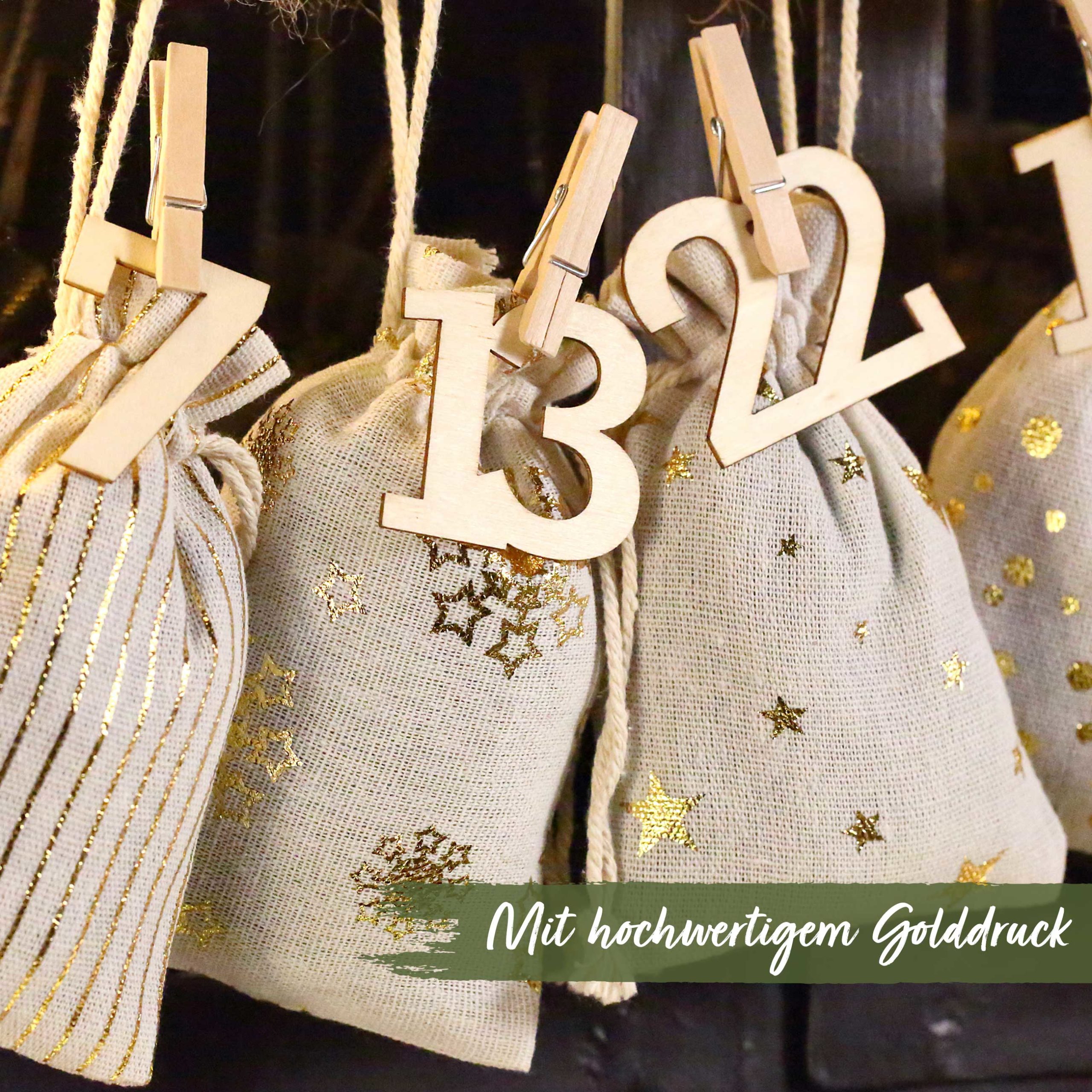 Adventskalender Stoffsäckchen – Gold bedruckt mit XXL Holzzahlen von 1-24 – Bild 2