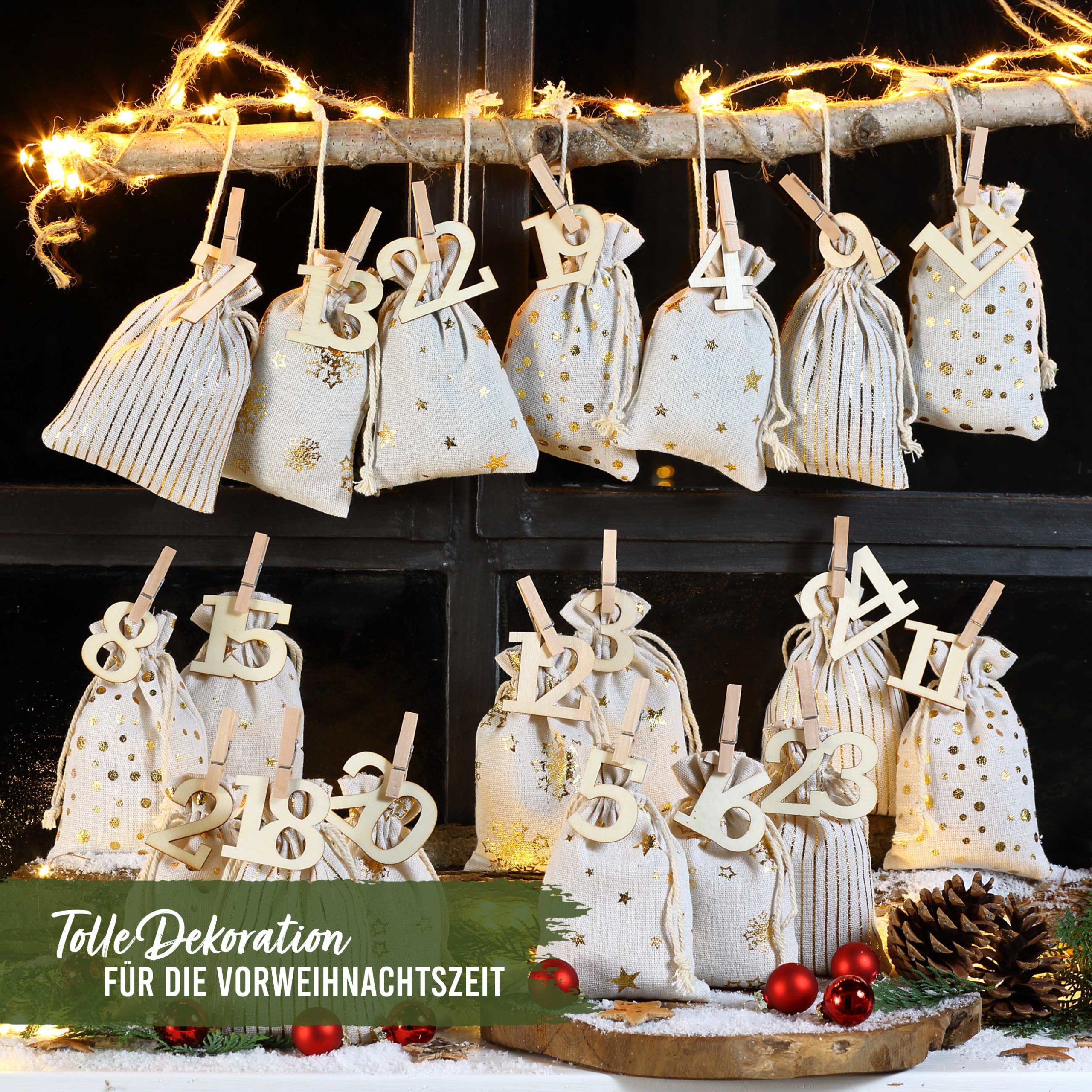 Adventskalender Stoffsäckchen – Gold bedruckt mit XXL Holzzahlen von 1-24 – Bild 3