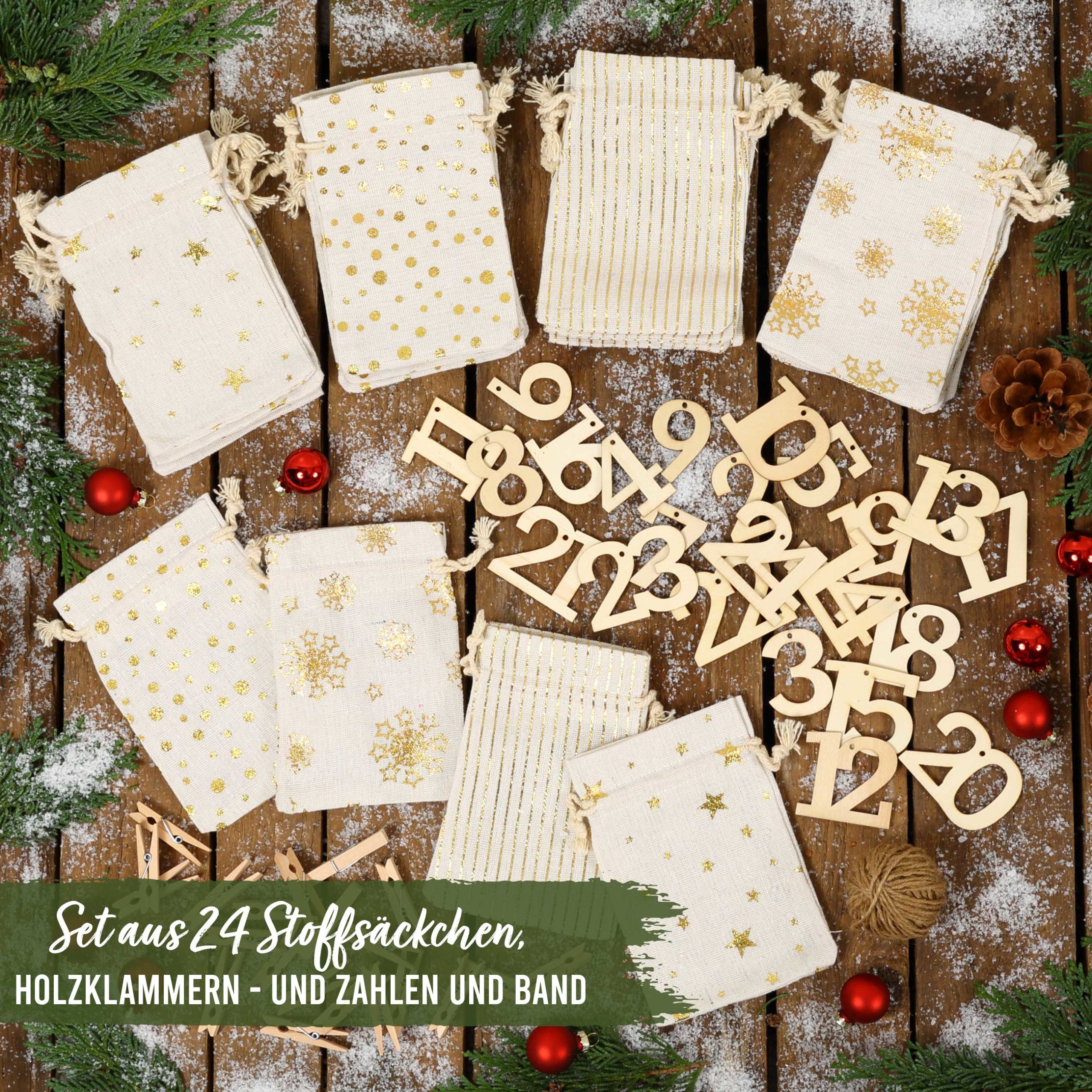Adventskalender Stoffsäckchen – Gold bedruckt mit XXL Holzzahlen von 1-24 – Bild 4
