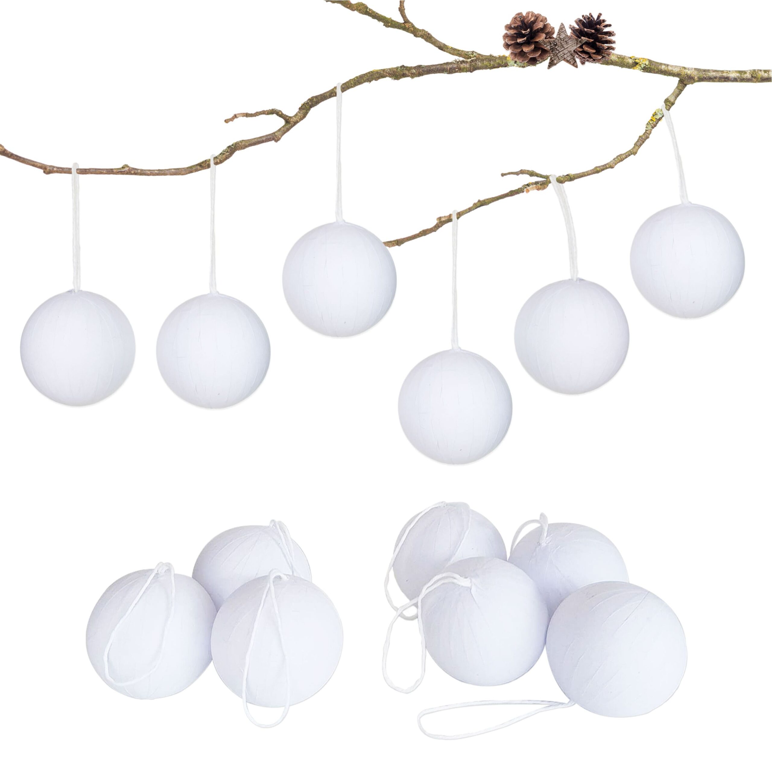 490-007-001_1 13 Weihnachtskugeln aus Pappmaché – Weiss – Bild 1