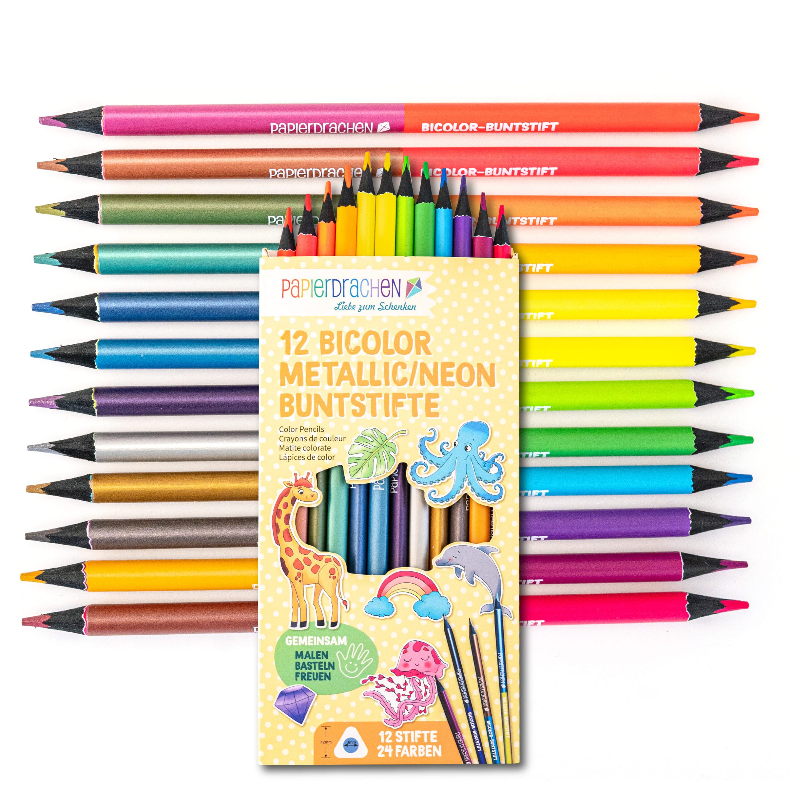12 Bicolor Buntstifte Metallik und Neon