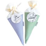 2 Kitatüten Musselin Blau und Mint mit Holzanhänger